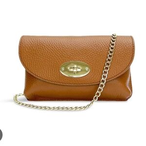 European Tan Leather Crossbody Bag with Silver Chain